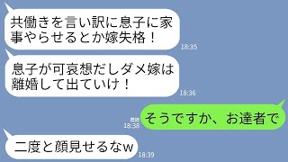 【LINE】共働きに理解を示さず夫に家事をさせただけでブチ切れて離婚させる姑「旦那様にご飯作らせるなんて嫁失格！」→お望み通りに離婚したら義母が大後悔することにwww