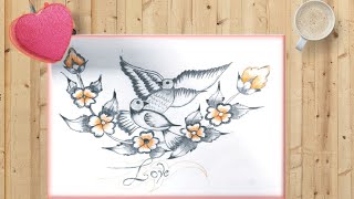 How To Draw Birds & Flowers |  Pencil Sketch drawing for beginners | My First Drawing