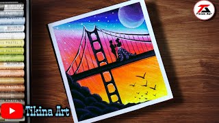Romantic couple on bridge drawing for beginners/drawing with oilpastel colour/step by step