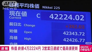 【速報】日経平均株価　11日の終値は4万2224円　3営業日連続で史上最高値更新(2024年7月11日)