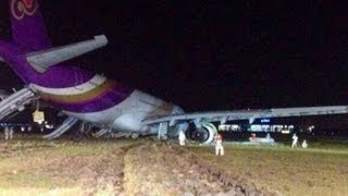 Thai Airways Airbus 330 skids off Bangkok runway, 13 hurt