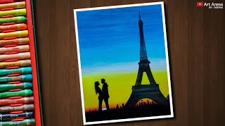 Eiffel Tower sunset scenery Drawing with Oil Pastels