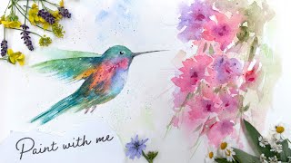 How to paint a Beautiful Hummingbird and Loose Hibiscus Flowers in Watercolor - Realtime Tutorial