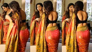 Orange Printed Silk Saree with Black Backless Blouse | Saree Fashion #saree