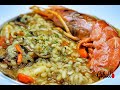 Arroz caldoso con champiñones y gambones