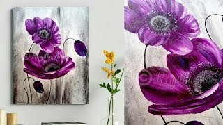 cool & colorful acrylic painting | large canvas painting PURPLE floral | For Beginners