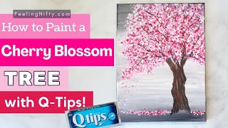 How To Paint A Cherry Blossom Tree with Q-Tips! | Beginner Acrylic Painting Step by Step Tutorial |