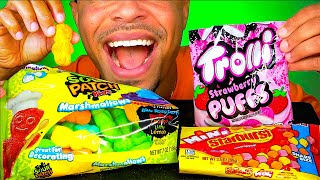 ASMR TROLLI STRAWBERRY PUFFS, MINI STARBURST, SOUR PATCH KIDS MARSHMALLOWS CANDY MUKBANG