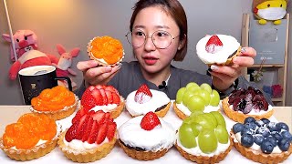 Various Fruit Cheese Tarts Eating Show. Dessert Mukbang