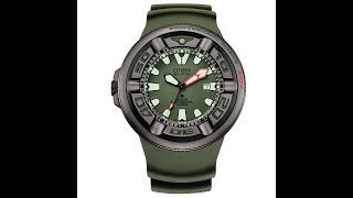 【CITIZEN】PROMASTER 軍事型男光動能橡膠潛水腕錶/橄欖綠x灰框 BJ8057-17X