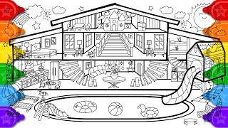 Glitter Pool House Coloring and Drawing for Kids, How to Draw a Glitter Pool House Coloring Page