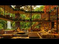 Warm Music & Waterfall Sounds In Cozy Coffee Shop - Soft Jazz In Autumn Forest Ambience