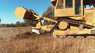 CAT D9T with Gessner attachments stick rake, full scrub canopy, tine cutter bar and drum seeder