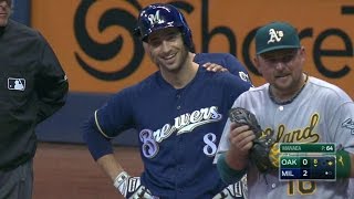 OAK@MIL: Braun records career hit No. 1,500