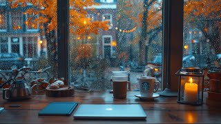 Cozy Up! Rainy Autumn Cafe Ambience 🍂☕️ Smooth Jazz Background Music \u0026 Rain Sounds for Relax, Study