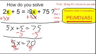 Solve 2x + 5 = 3x + 75