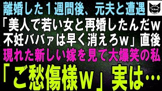 【スカッとする話】離婚した１週間後、私を不妊と見下す元夫と遭遇「美人で若い女と再婚したわｗ不妊ババァはさっさと消えろｗ」直後、現れた新しい嫁を見て大爆笑の私「ご愁傷様ｗ」元夫「え？」実は…【修羅場】