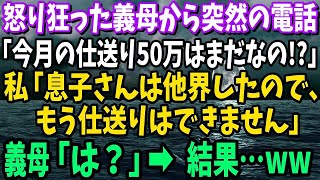 【スカッと】義母「今月の仕送り50万はまだなの！？」怒り狂った義母から突然の電話→私「息子さんは他界したので、もう仕送りはできません」義母「は？」結果…【修羅場】【総集編】 1