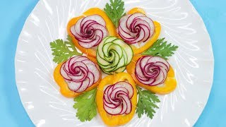 Elegant Red Radish & Cucumber Flower Bell Paper Carving – Vegetable Arts, Designs & Garnishes