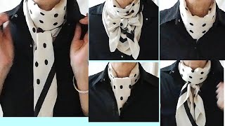 ♥黒シャツと水玉模様の【スカーフの巻き方】８アレンジ！how to wear a chic polka dot scarf with black shirt 8 ways