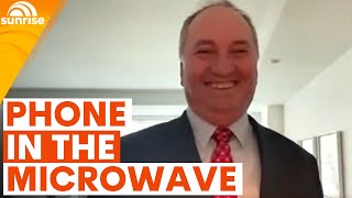 Deputy PM Barnaby Joyce props up phone in microwave for interview | Sunrise