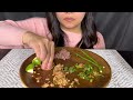 asmr sticky rice with smoke salmon u0026 beef skin laab