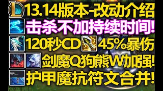 13.14版本-改动介绍:疾跑击杀不再续杯!剑魔/狗熊加强!无尽45%暴伤!红蓝BUFF削弱!小符文护甲魔抗合并!