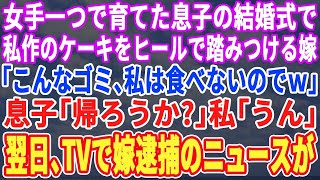 【スカッと】女手一つで育てた1人息子の結婚式、私が作ったケーキをぶち撒けた花嫁「私はこんなゴミ食べませんｗ」息子「母さん、帰ろうか」私「うん」→翌日、嫁は逮捕されたとニュースに…【修羅場】【朗読】