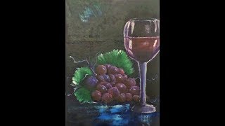 How to paint a GLASS of Red Wine, and  RED Grapes. Step by step Painting Tutorial for Beginners