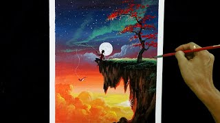 Easy Acrylic Painting Tutorial | Sunset and Moon Rise with Boy Fishing