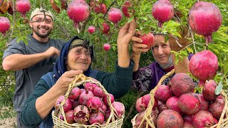 HARVESTING POMEGRANATE IN THE VILLAGE! GRANDMA IS COOKING VERY SPECIAL DISH! CAUCASIAN COUNTRY LIFE