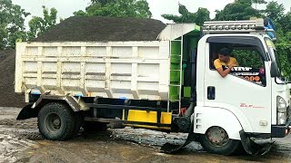 Mobil Dump Truk Pasir ISUZU ELF Muatan Menggunung Bongkar Muatan Full Bak Kesulitan