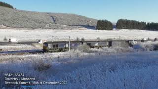 Wintery Beattock Summit with 66421 \u0026 66434 on 4S43 Daventry - Mossend: 15/12/22