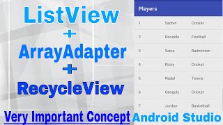 Simple Example Of ListView + ArrayAdapter + RecycleView in Android Studio.