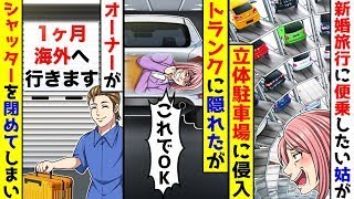 新婚旅行に便乗しようとした姑が立体駐車場に入り込み、トランクに隠れたが、車のオーナーがシャッターを閉めて1ヶ月間海外に出かけてしまったため。