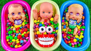 3 Minutes Satisfying with ASMR Mixing Candy \u0026 Funny Make Up in Three Bathtubs with M\u0026M's Slime