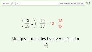 Linear equation with one unknown: Solve (2x)/3+x/5=13 step-by-step solution