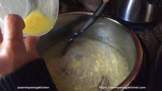 Adding egg to rice congee