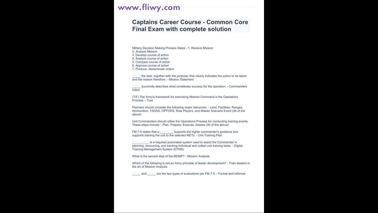 Captains Career Course - Common Core Final Exam With Complete Solution ...