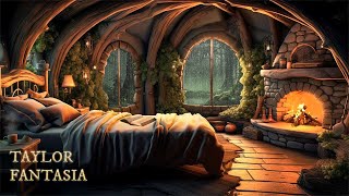 Cozy Hobbit Bedroom | Relaxing Fireplace with Soothing Rainfall Sounds | Enchanted Forest Ambience🎐