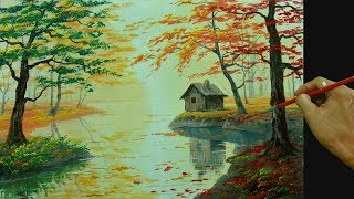 How to Paint an Old Barn in Autumn Forest Beside the River using Acrylic