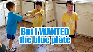 Brothers Fighting Over Blue Breakfast Plate