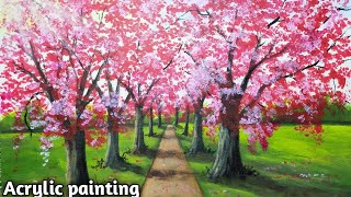 Acrylic painting Tutorial/Cherry Blossom/Cherry Blossom Tree / Easy Landscape Painting Tutorial