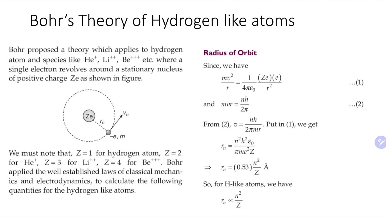 Bohr's Theory Of Hydrogen Like Atoms, Radius Of Orbit, Velocity ...