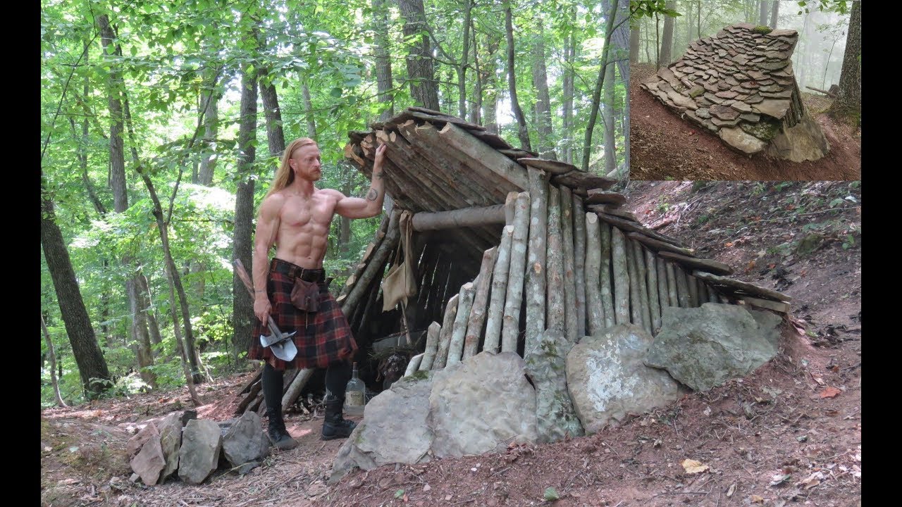 Primitive Bushcraft Shelter - Stone Roofed Lean-To - YouTube