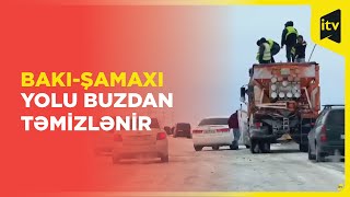 Bakı-Şamaxı yoluna buzdan təmizlənməsi üçün qum və duz səpilir