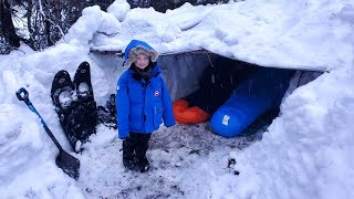 Survival Shelter Winter Camping in Blizzard - Deep Snow Camping in Alaska