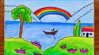 How to draw Beautiful Scenery //Rainbow Scenery drawing //Landscape Drawing //Easy Drawing for kids.