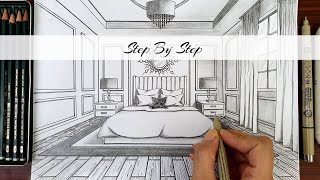 How To Draw A Bedroom in One Point Perspective | Step By Step