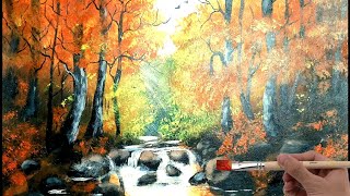 Easy way to paint autumn Forest landscape | water reflection | acrylic painting | step by step